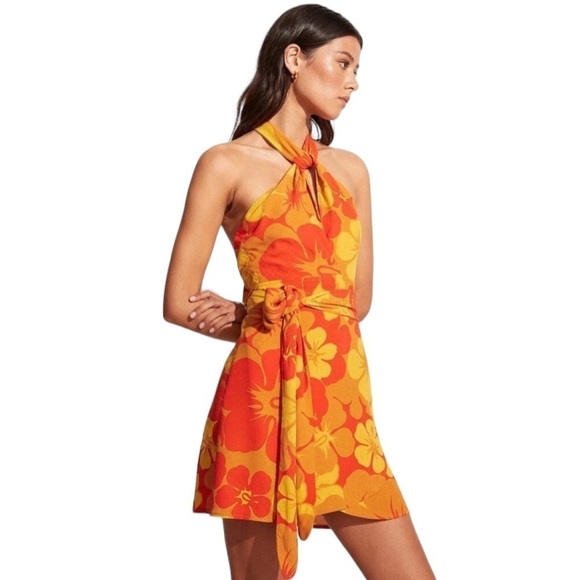 Faithful The Brand Odette Surfs Up Floral Crepe Halter Mini Dress Size 4 - Picture 3 of 14